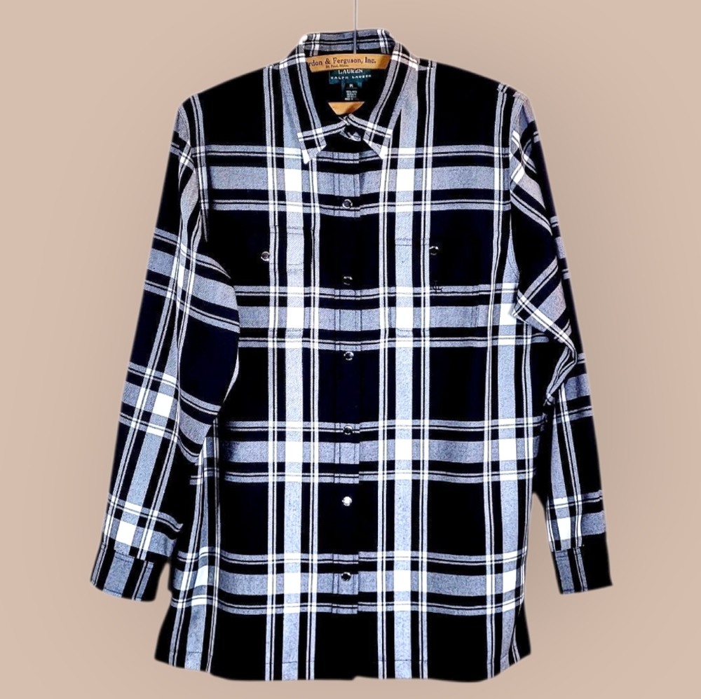LRL RALPH LAUREN Black White Tattersall Plaid Wool Snap Front Shacket Shirt M